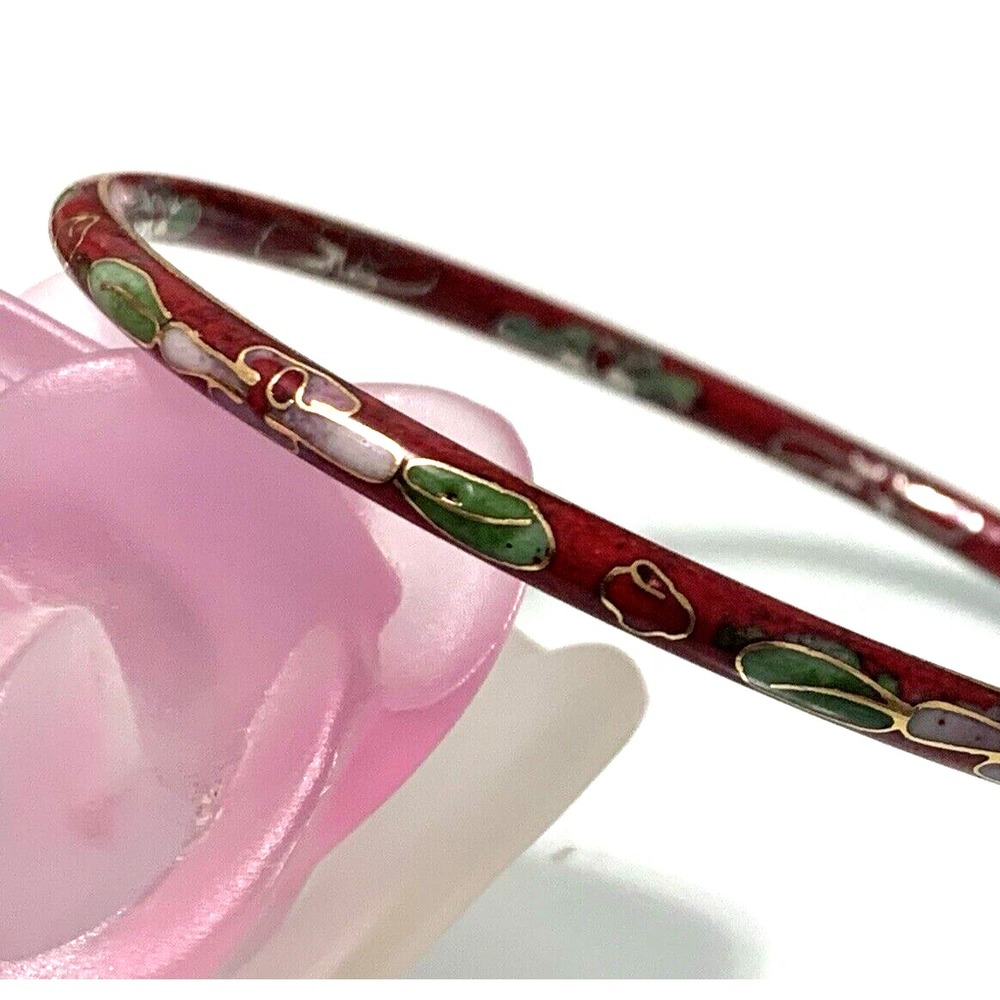 Vintage Cloisonne Bangle Bracelet Enamel Boho Jewelry Floral Red Green Pink 2.5"